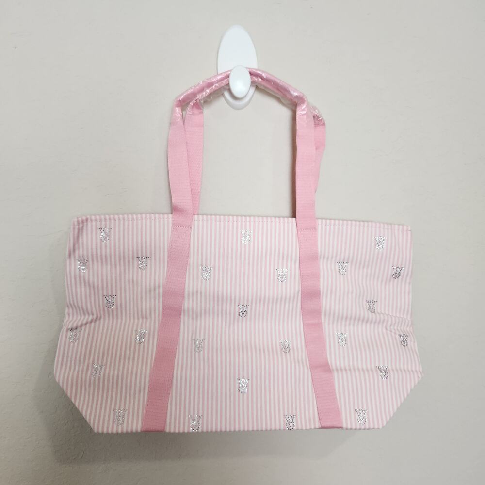 Victoria's Secret Pink and White Striped Shiny Bling Tote Bag with Zipper